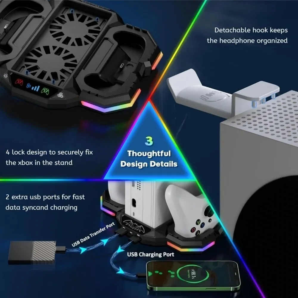 Xbox X-Series S Cooling Docking Stand & Controller Charging Station Ports
